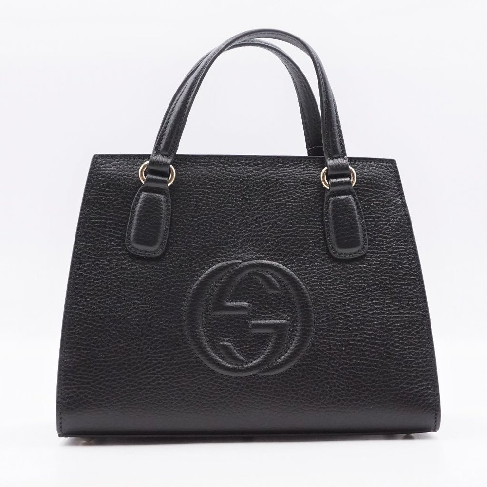 New in Dust Bag Gucci Black Leather GG Tote Satchel Cross Body Bag